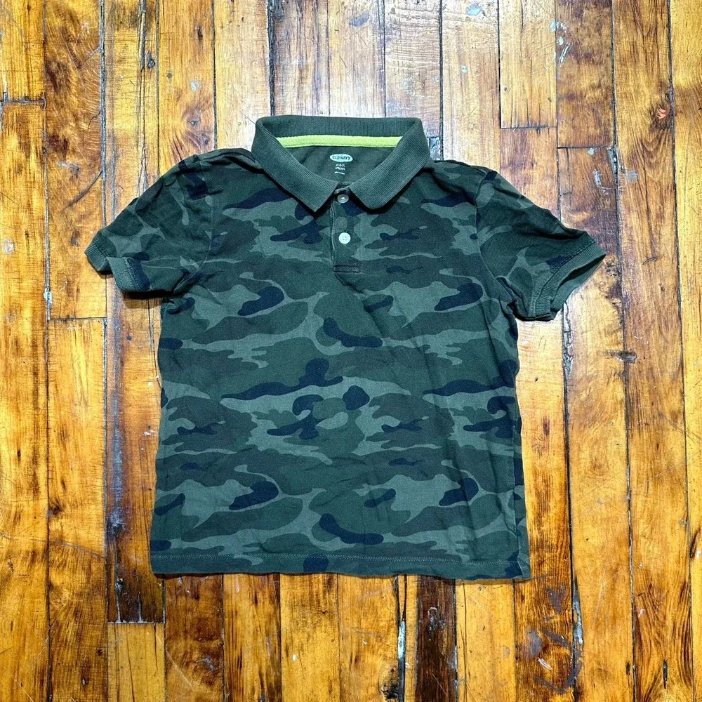 Old Navy Polo Shirt Boys Small Olive Camouflage Stretch Short Sleeve Performance